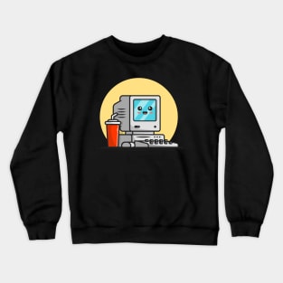 Cute Old Computer Desktop with Coffee Cartoon Vector Icon Illustration Crewneck Sweatshirt